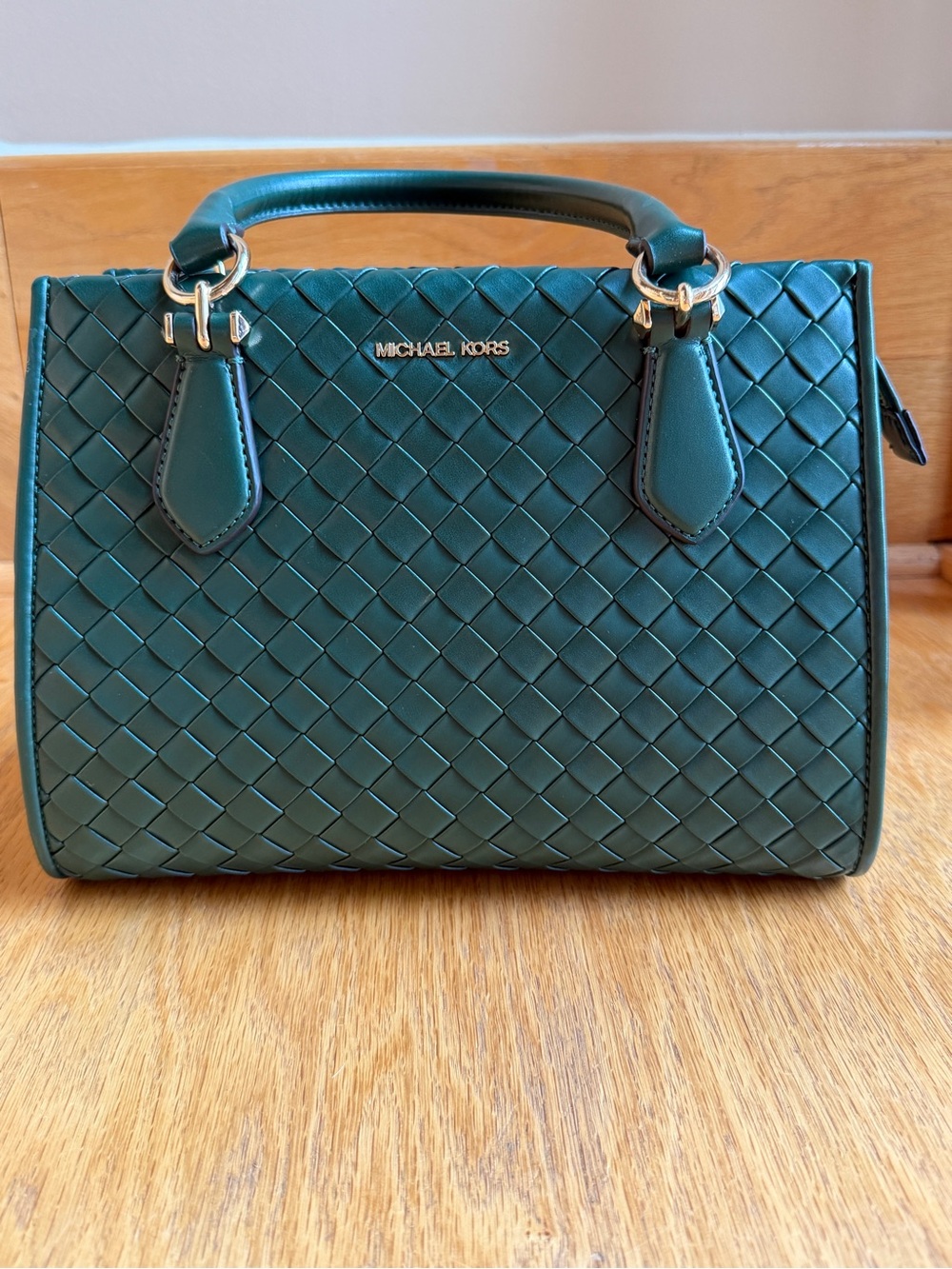 Michael Kors Teal Woven Leather Satchel with Gold Hardware